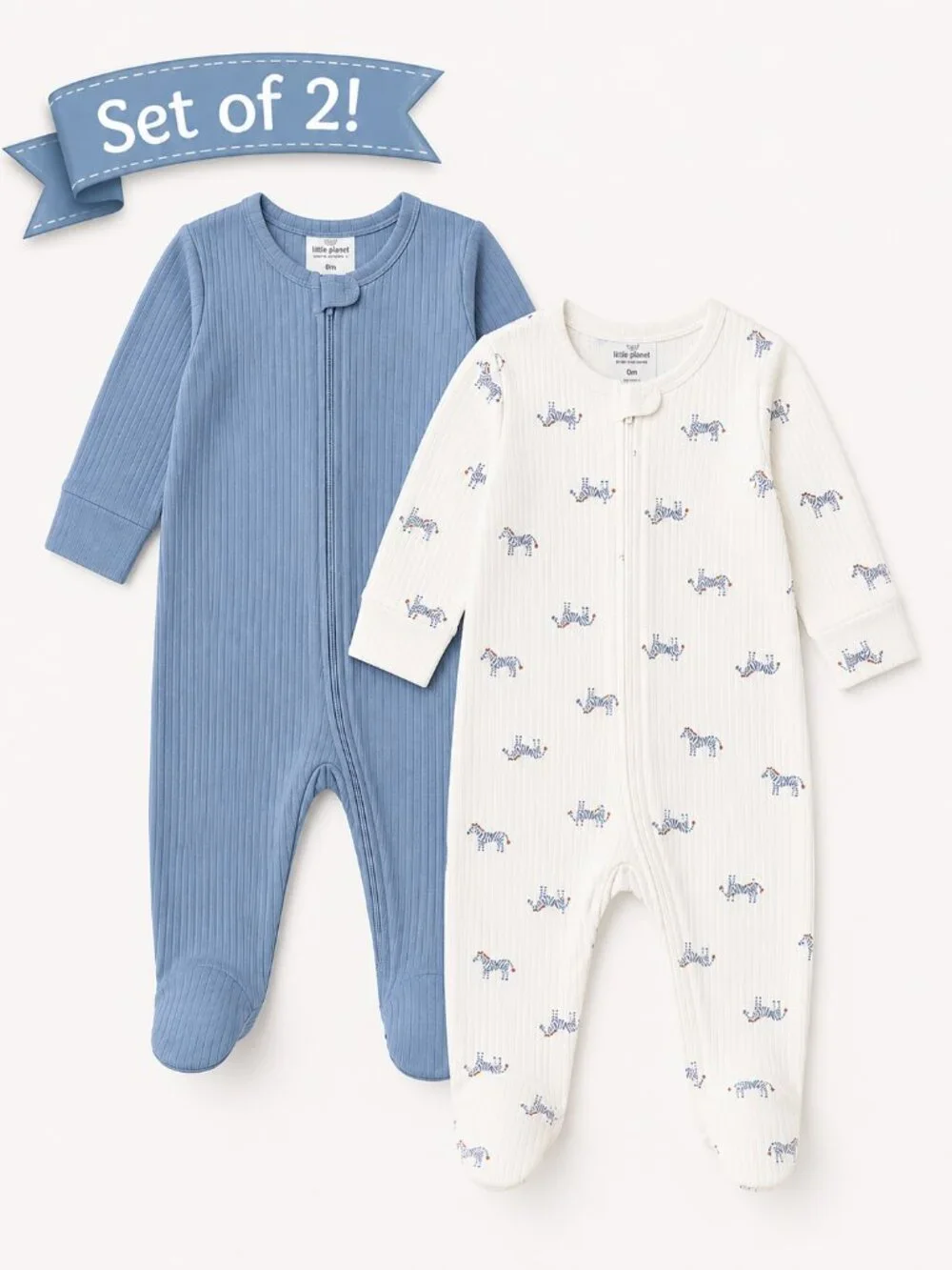 NWT Carter's Set of 2 Baby Boy Footed Sleepers Zebra Blue Size 9 Months